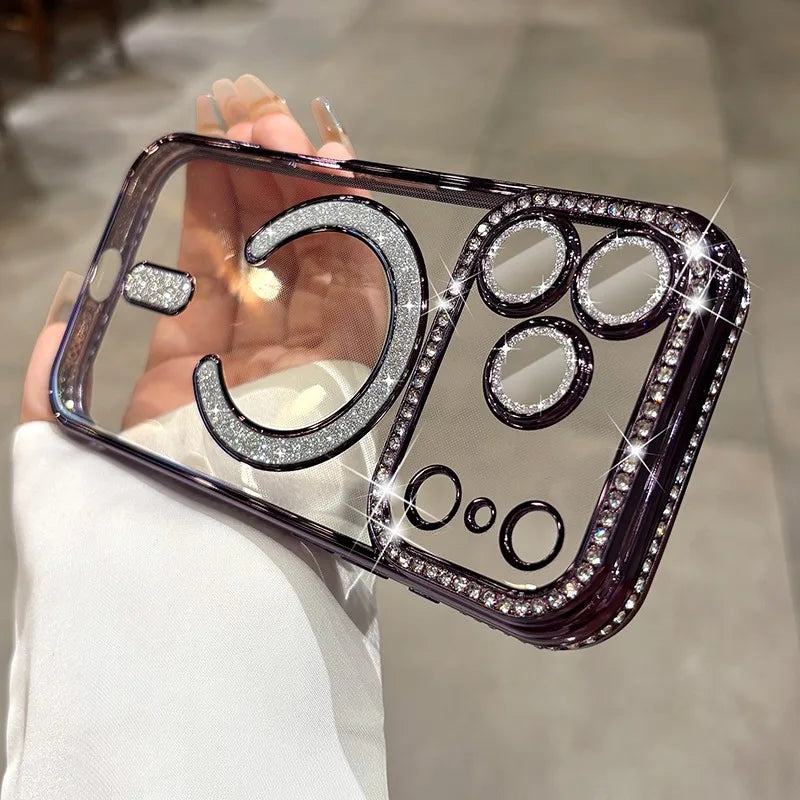 For iPhone 17 Air 17 Pro Max Luxury Girl's Case Bling Diamond Lens Film Magsafe Cover Case for iPhone 16 15 14 13 12 11 Pro Max