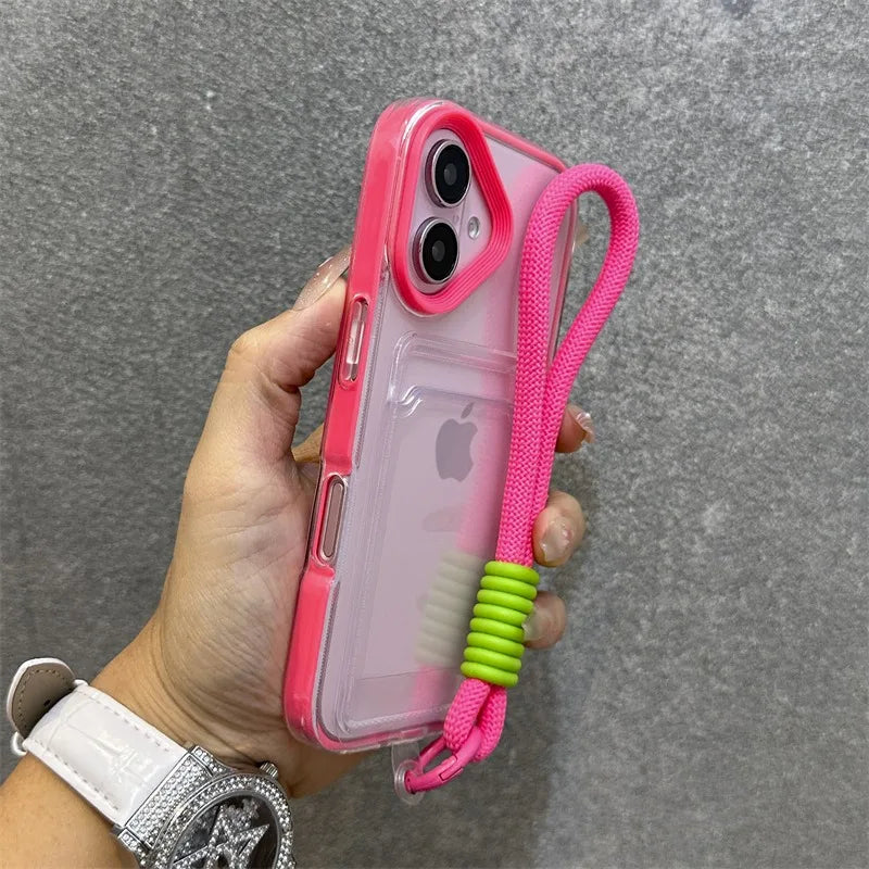 Luxury Card Slot Bag Clear With lanyard Phone Case For iPhone 11 12 13 14 15 Pro Max 16 Plus XS Shockproof Bumber Soft TPU Cover