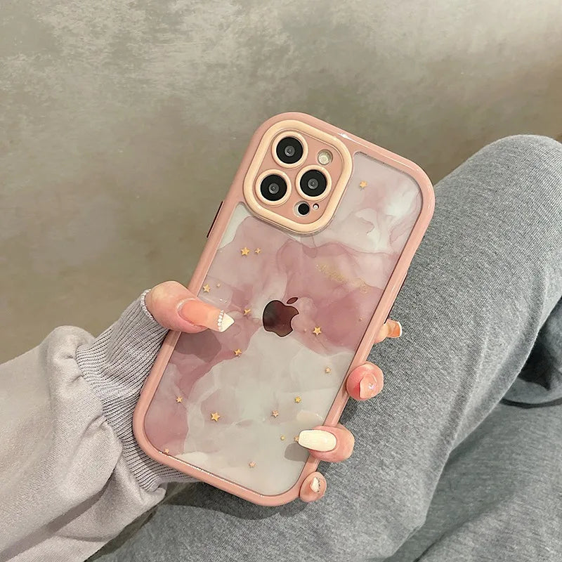 Gradient Pink Green Abstract Oil Painting Acrylic Clear Case For iPhone 16 Pro Max 15 14 13 12 11 Soft Bumper Hard Back Cover