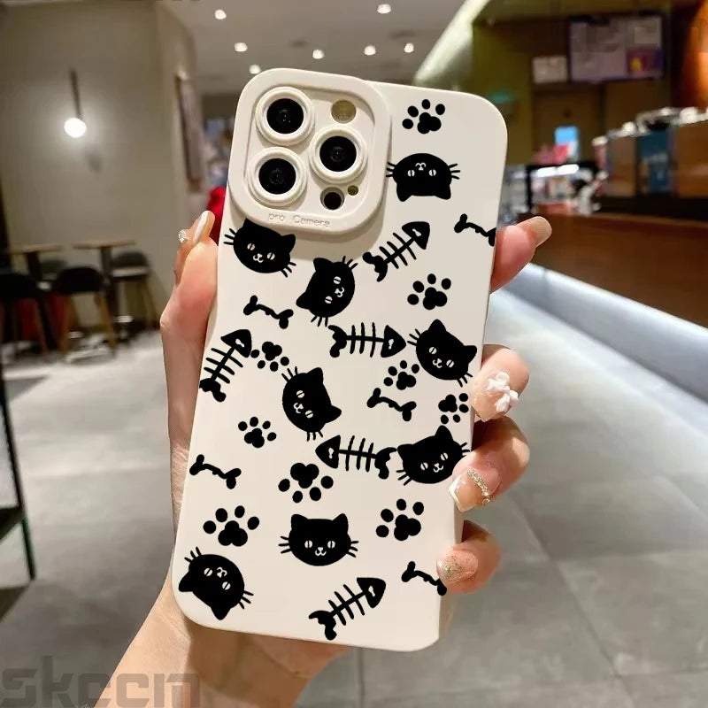 Cute Black Kitten Sketch Cat Phone Case for iPhone 16 15 14 13 12 11 Pro Max Mini XR XS X 7 8 Plus 16E Soft TPU Back Cover