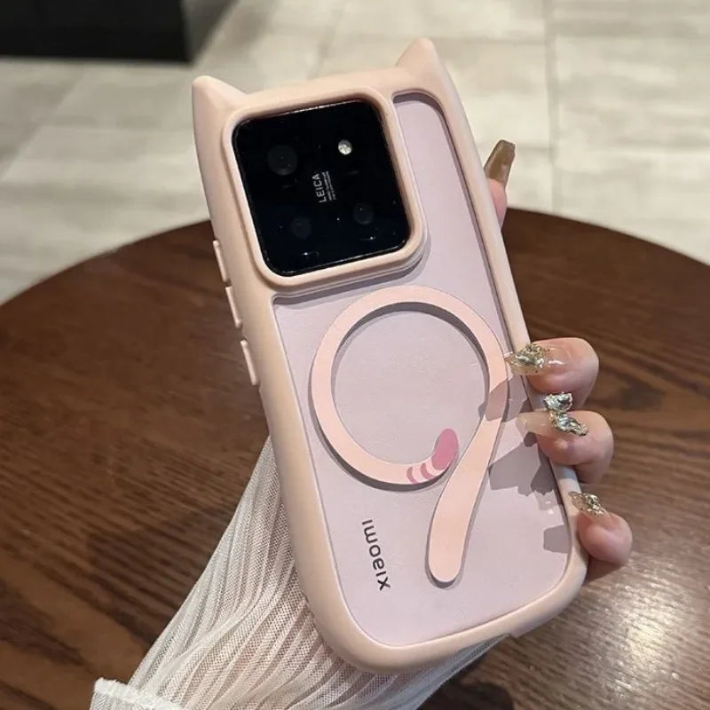 Magnetic Magsafe Lovely Cat Ear Clear Case For Xiaomi 15 Ultra 14 Pro 14 Redmi Note 13 5G Hard Shockroof Wireless Charge Cover